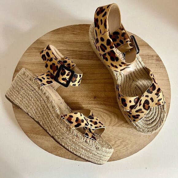 Sole Society Animal Print Cow Hair Buckle Ankle Wedge Sandal USA Made 10 - Picture 1 of 12